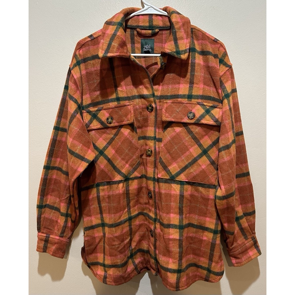 Wild Fable Plaid Shacket Orange Pink Green Button Down Shirt Jacket F00254691 S